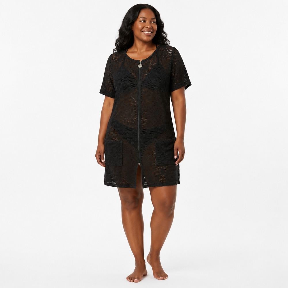 Vtg BEACH CABANA Size Med Crochet Swim Cover Up Black Zip Boho Beach Pool Resort